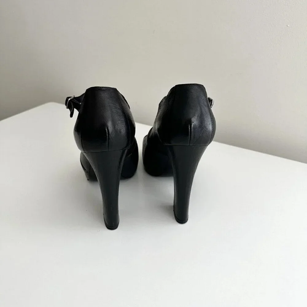 Vintage CHLOE Black Leather Ankle Strap Mary Jane Platform Heels Size 38.5